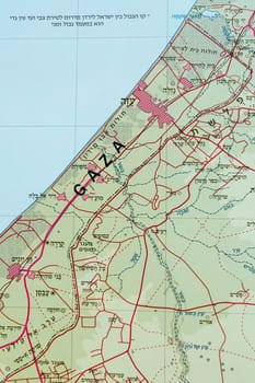 Image of a map of Gaza and Israel in Hebrew. High quality photo