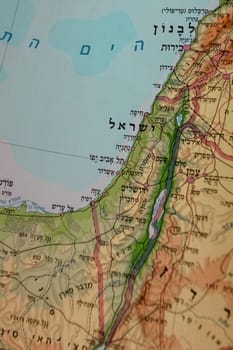 Image of a map of Gaza and Israel in Hebrew. High quality photo