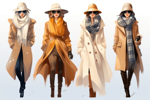 A chic portrayal of the winter season's fashion, highlighting stylish winter attire, including scarves, hats, and coats. This composition captures the elegance and coziness of winter wardrobe.