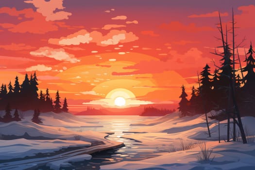 An exquisite visual representation of the winter skies, highlighting the unique color schemes and breathtaking beauty brought by the low-angled sun during winter sunrises and sunsets.