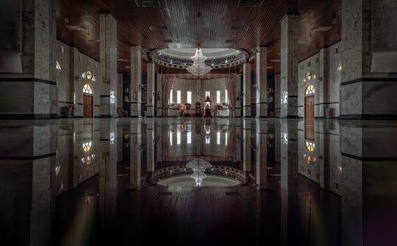 Bangkok, Thailand - 05 Jan, 2022 - Beautiful architecture design inside of Masjid Al - Yusraw or Al - Yusraw Mosque for Islamic Affairs are esigned with elegant. Islamic art concept. Space for text, No focus, specifically.