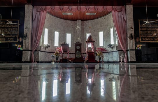 Bangkok, Thailand - 05 Jan, 2022 - Beautiful architecture design inside of Masjid Al - Yusraw or Al - Yusraw Mosque for Islamic Affairs are esigned with elegant. Islamic art concept, Space for text, Selective focus.