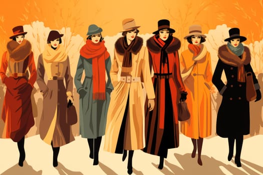 A chic portrayal of the winter season's fashion, highlighting stylish winter attire, including scarves, hats, and coats. This composition captures the elegance and coziness of winter wardrobe.