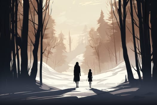 A striking visual display of the winter season, utilizing the extended shadows and sharp differences in lighting to craft captivating silhouettes against the snowy backdrop.