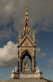 London, UK - Oct 24, 2023 - Exterior view of The Albert Memorial is in Kensington Gardens. Gothic Memorial to Prince Albert from Queen Victoria, Is a popular travel destination, Iconic, Space for text, Selective focus.