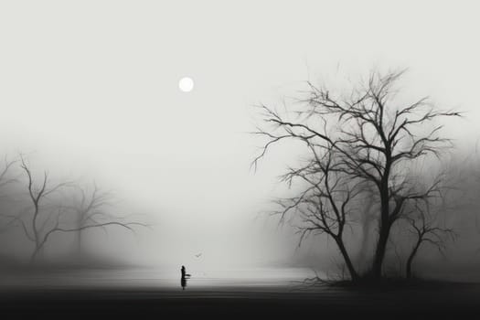 A captivating visual representation of the winter ambiance, focusing on the enigmatic allure of fog and mist enveloping the landscape, especially near bodies of water.