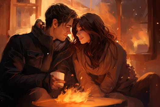 A heartwarming depiction of the winter season's charm, with individuals captured indoors, basking by a crackling fire, indulging in hot cocoa, or cocooned in soft blankets.