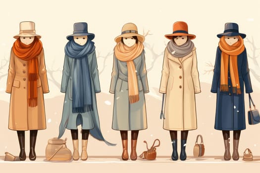A chic portrayal of the winter season's fashion, highlighting stylish winter attire, including scarves, hats, and coats. This composition captures the elegance and coziness of winter wardrobe.