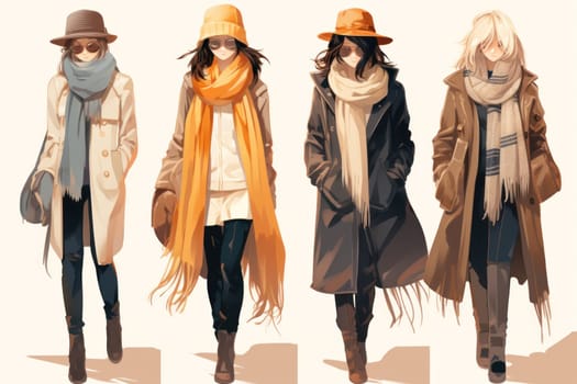 A chic portrayal of the winter season's fashion, highlighting stylish winter attire, including scarves, hats, and coats. This composition captures the elegance and coziness of winter wardrobe.