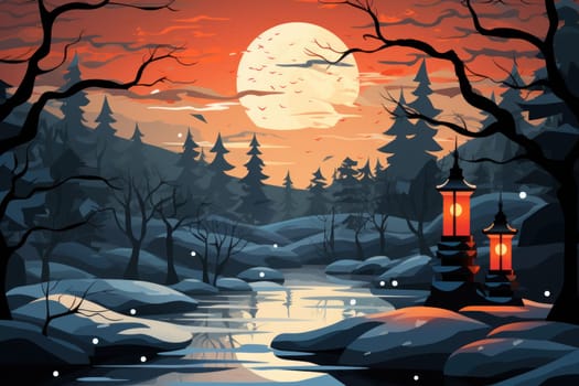 A captivating portrayal of the winter charm, focusing on the creation of cozy and welcoming visuals using the soft glow of candles or lanterns against the snowy backdrop.