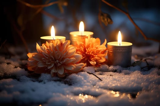 A captivating portrayal of the winter charm, focusing on the creation of cozy and welcoming visuals using the soft glow of candles or lanterns against the snowy backdrop.