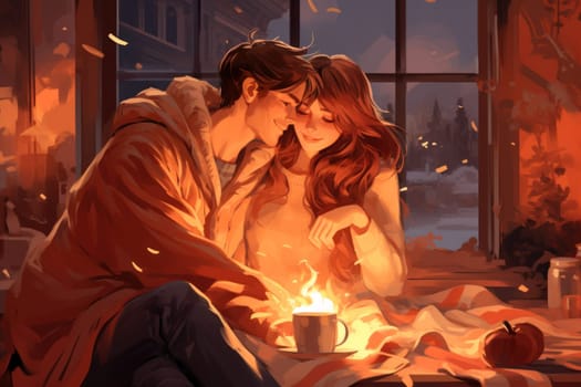 A heartwarming depiction of the winter season's charm, with individuals captured indoors, basking by a crackling fire, indulging in hot cocoa, or cocooned in soft blankets.