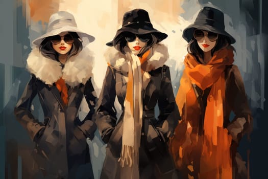 A chic portrayal of the winter season's fashion, highlighting stylish winter attire, including scarves, hats, and coats. This composition captures the elegance and coziness of winter wardrobe.