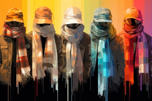 A chic portrayal of the winter season's fashion, highlighting stylish winter attire, including scarves, hats, and coats. This composition captures the elegance and coziness of winter wardrobe.
