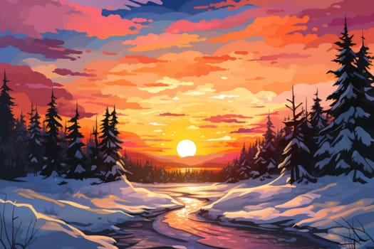 An exquisite visual representation of the winter skies, highlighting the unique color schemes and breathtaking beauty brought by the low-angled sun during winter sunrises and sunsets.