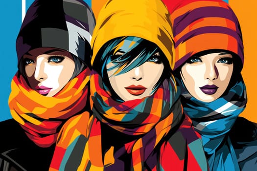 A chic portrayal of the winter season's fashion, highlighting stylish winter attire, including scarves, hats, and coats. This composition captures the elegance and coziness of winter wardrobe.