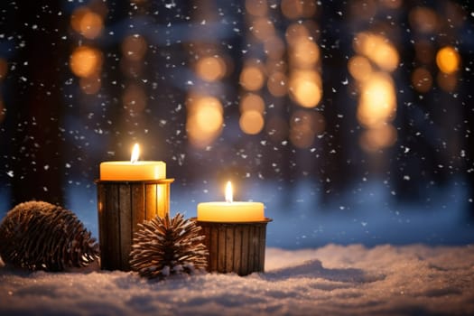 A captivating portrayal of the winter charm, focusing on the creation of cozy and welcoming visuals using the soft glow of candles or lanterns against the snowy backdrop.