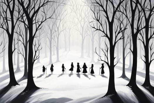 A striking visual display of the winter season, utilizing the extended shadows and sharp differences in lighting to craft captivating silhouettes against the snowy backdrop.