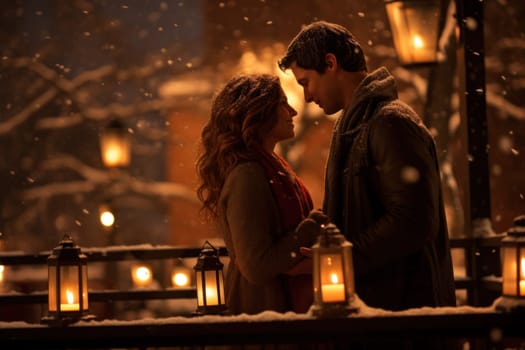 A captivating portrayal of the winter charm, focusing on the creation of cozy and welcoming visuals using the soft glow of candles or lanterns against the snowy backdrop.