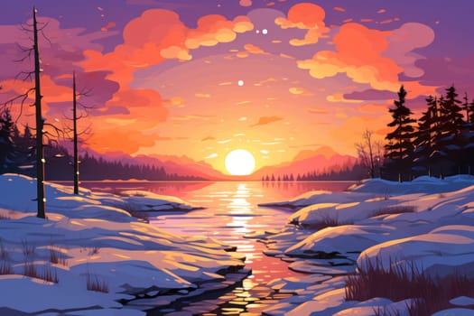 An exquisite visual representation of the winter skies, highlighting the unique color schemes and breathtaking beauty brought by the low-angled sun during winter sunrises and sunsets.