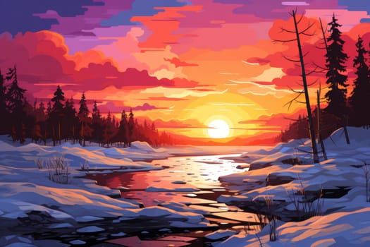 An exquisite visual representation of the winter skies, highlighting the unique color schemes and breathtaking beauty brought by the low-angled sun during winter sunrises and sunsets.