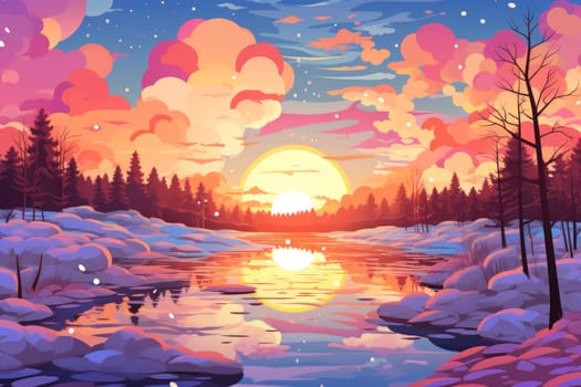 An exquisite visual representation of the winter skies, highlighting the unique color schemes and breathtaking beauty brought by the low-angled sun during winter sunrises and sunsets.