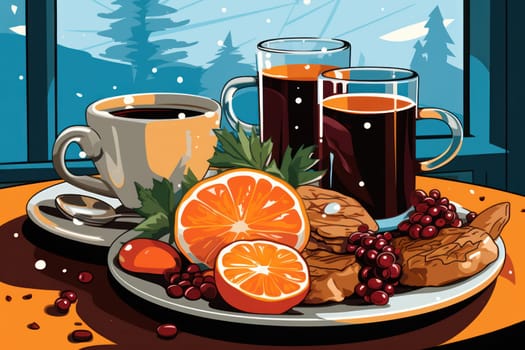 A mouthwatering portrayal of winter's culinary delights, showcasing the artful photography of winter-inspired dishes and beverages like hot soup, roasted chestnuts, and mulled wine.