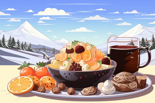 A mouthwatering portrayal of winter's culinary delights, showcasing the artful photography of winter-inspired dishes and beverages like hot soup, roasted chestnuts, and mulled wine.