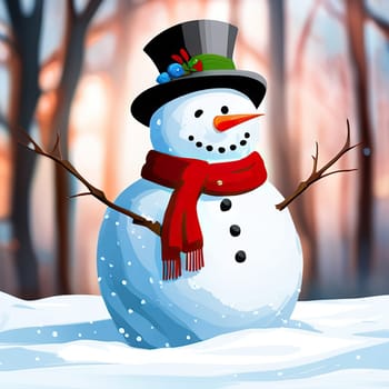 Nice snowman wearing a carrot nose, red scarf and hat while smiling