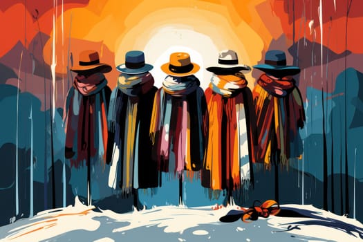 A chic portrayal of the winter season's fashion, highlighting stylish winter attire, including scarves, hats, and coats. This composition captures the elegance and coziness of winter wardrobe.