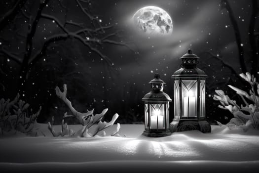 A captivating portrayal of the winter charm, focusing on the creation of cozy and welcoming visuals using the soft glow of candles or lanterns against the snowy backdrop.