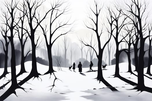A striking visual display of the winter season, utilizing the extended shadows and sharp differences in lighting to craft captivating silhouettes against the snowy backdrop.