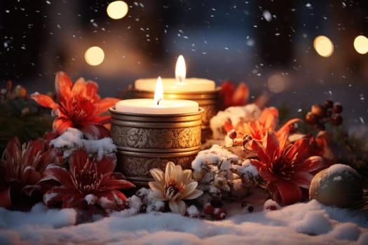 A captivating portrayal of the winter charm, focusing on the creation of cozy and welcoming visuals using the soft glow of candles or lanterns against the snowy backdrop.