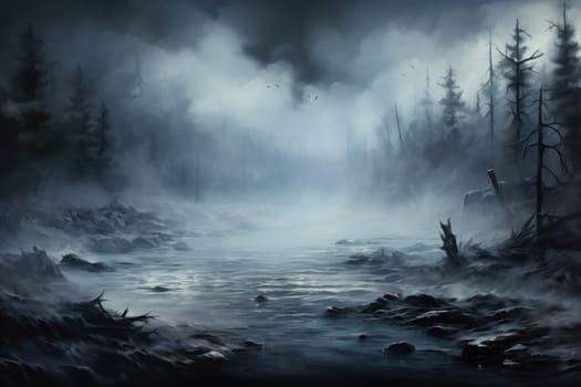 A captivating visual representation of the winter ambiance, focusing on the enigmatic allure of fog and mist enveloping the landscape, especially near bodies of water.