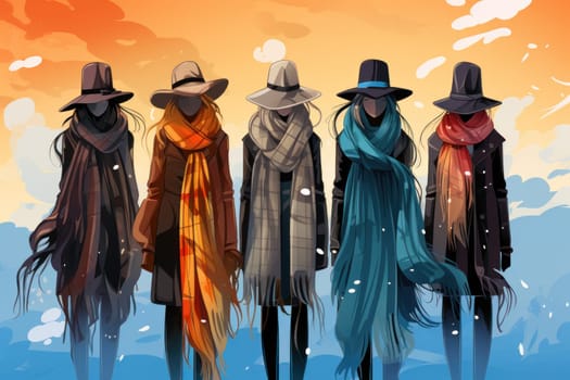 A chic portrayal of the winter season's fashion, highlighting stylish winter attire, including scarves, hats, and coats. This composition captures the elegance and coziness of winter wardrobe.
