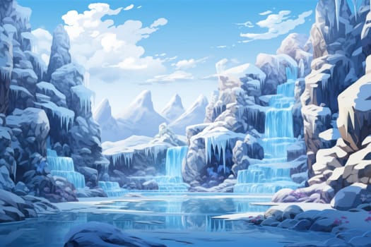 A mesmerizing display of the winter landscape, focusing on the distinctive and captivating frozen waterfalls found in chilly regions.