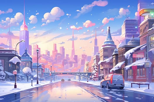 An evocative representation of urban life during winter, focusing on the enchanting vistas of city streets, buildings blanketed in snow, and the warm radiance of streetlights.