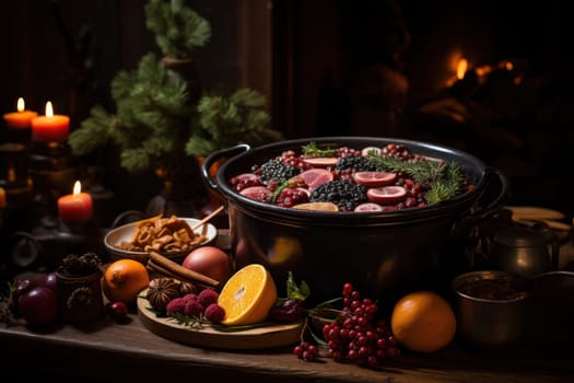A mouthwatering portrayal of winter's culinary delights, showcasing the artful photography of winter-inspired dishes and beverages like hot soup, roasted chestnuts, and mulled wine.