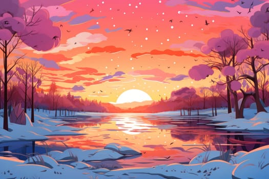 An exquisite visual representation of the winter skies, highlighting the unique color schemes and breathtaking beauty brought by the low-angled sun during winter sunrises and sunsets.
