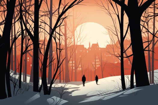A striking visual display of the winter season, utilizing the extended shadows and sharp differences in lighting to craft captivating silhouettes against the snowy backdrop.