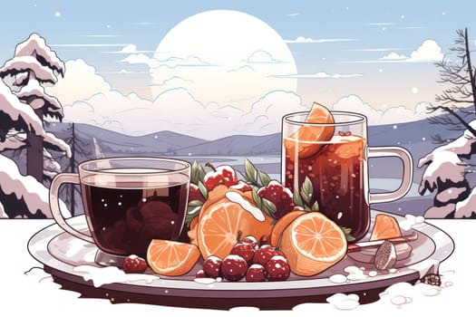 A mouthwatering portrayal of winter's culinary delights, showcasing the artful photography of winter-inspired dishes and beverages like hot soup, roasted chestnuts, and mulled wine.