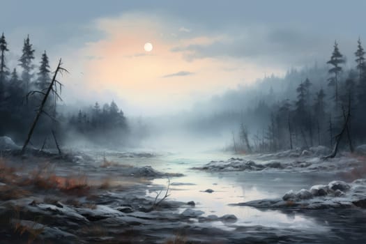 A captivating visual representation of the winter ambiance, focusing on the enigmatic allure of fog and mist enveloping the landscape, especially near bodies of water.