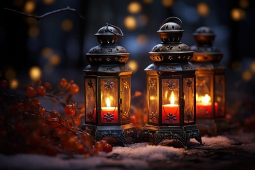 A captivating portrayal of the winter charm, focusing on the creation of cozy and welcoming visuals using the soft glow of candles or lanterns against the snowy backdrop.