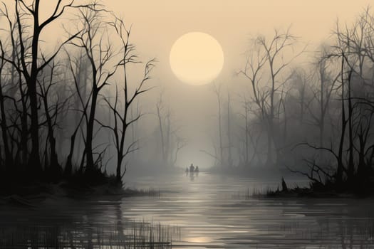 A captivating visual representation of the winter ambiance, focusing on the enigmatic allure of fog and mist enveloping the landscape, especially near bodies of water.