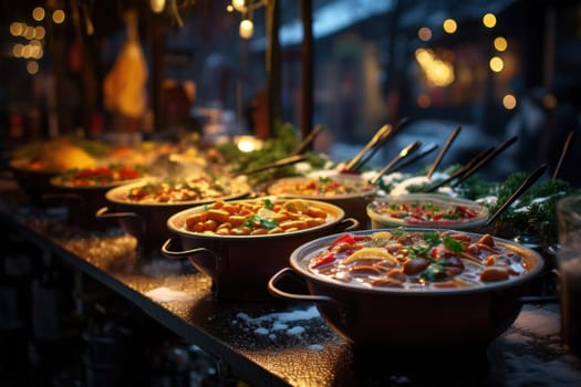 A mouthwatering portrayal of winter's culinary delights, showcasing the artful photography of winter-inspired dishes and beverages like hot soup, roasted chestnuts, and mulled wine.