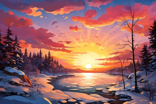An exquisite visual representation of the winter skies, highlighting the unique color schemes and breathtaking beauty brought by the low-angled sun during winter sunrises and sunsets.