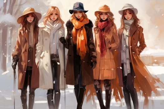 A chic portrayal of the winter season's fashion, highlighting stylish winter attire, including scarves, hats, and coats. This composition captures the elegance and coziness of winter wardrobe.