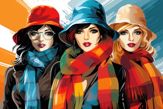 A chic portrayal of the winter season's fashion, highlighting stylish winter attire, including scarves, hats, and coats. This composition captures the elegance and coziness of winter wardrobe.
