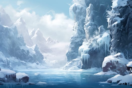 A mesmerizing display of the winter landscape, focusing on the distinctive and captivating frozen waterfalls found in chilly regions.