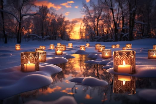 A captivating portrayal of the winter charm, focusing on the creation of cozy and welcoming visuals using the soft glow of candles or lanterns against the snowy backdrop.